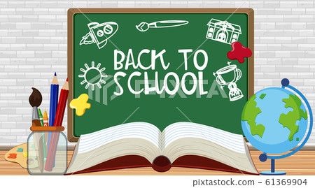 Back to school sign with stationeries on the floor Back to school sign with stationeries on the floor 61369904