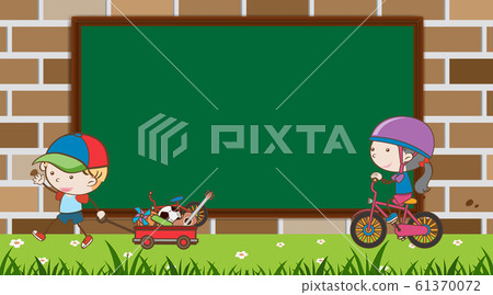Border template with boy and girl playing in the - Stock Illustration ...