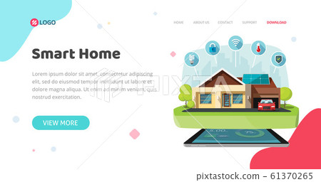 Smart home of house control technology or automation wireless security banner or website template design vector flat cartoon, web site landing page or flyer modern trendy mockup image 61370265
