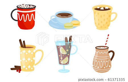 Hot Winter Drinks with Whipped Cream and Marshmallows Vector Set 61371335