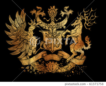 Heraldic drawing with rooster bird and horned deer on black background. 61371758