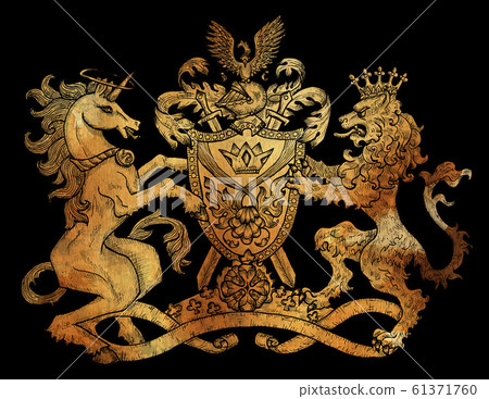 Heraldic drawing with unicorn and lion holding... - Stock