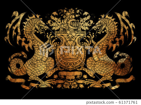 Heraldic drawing with dragons on black background. Heraldic drawing with dragons on black background. 61371761