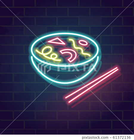 Bowl of ramen. Neon cyberpunk asian noodles icon. Stylish geometric symbols in bowl. Square image for poster, flyer, banner, social network post. 61372136