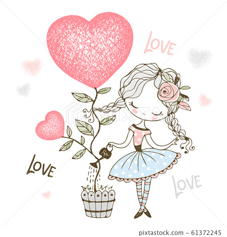 Lovely little girl watering a tree in the form of a heart in a pot. Valentine. Vector Lovely little girl watering a tree in the form of a heart in a pot. Valentine. Vector 61372245