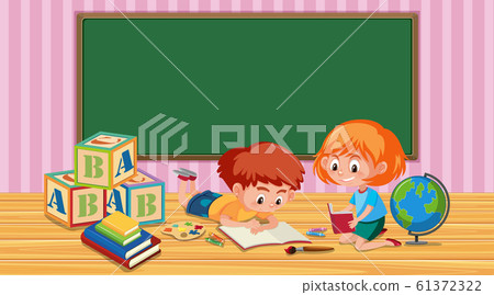 Classroom with boy and girl reading book 61372322