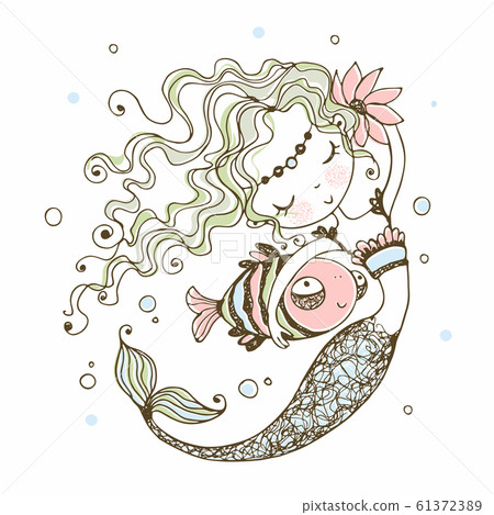 Cute little Mermaid with a fish . Doodle style. Vector Cute little Mermaid with a fish . Doodle style. Vector 61372389
