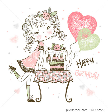 Birthday card with cute girl with cake and... - Stock Illustration ...