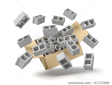 3d rendering of cardboard box in air full of gray hollow bricks which are flying out and floating outside. 61372699