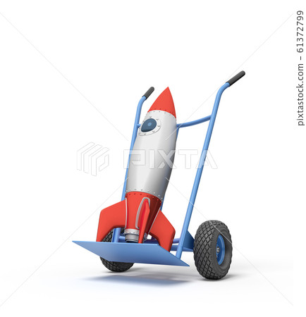 3d rendering of toy space rocket on blue hand truck. 61372799