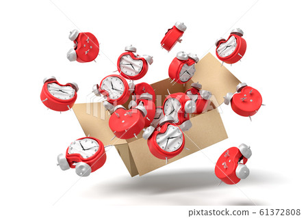 3d rendering of cardboard box in air full of bent deformed alarm clocks which are flying out and floating outside. 3d rendering of cardboard box in air full of bent deformed alarm clocks which are flying out and floating outside. 61372808