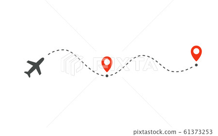 Plane path with location pins vector illustration. Path to location by plane, tourism way, route flight Plane path with location pins vector illustration. Path to location by plane, tourism way, route flight 61373253