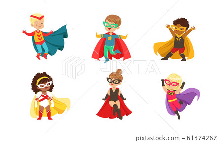 Kid Superheroes Collection, Cute Happy Boys and Girls Wearing Superhero Costumes and Masks Vector Illustration 61374267
