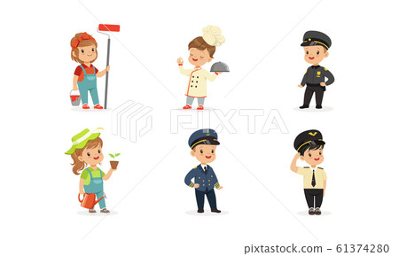 Cute Kids of Various Professions Set, Painter, Cook, Policeman, Gardener, Pilot, Captain Vector Illustration 61374280
