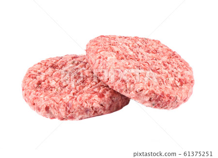 Two raw pink beef cutlets isolated on a white background. Two raw pink beef cutlets isolated on a white background. 61375251