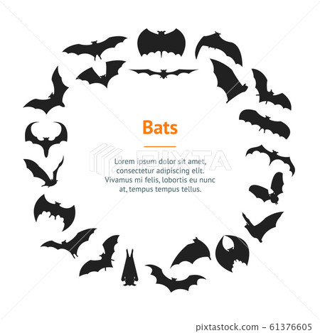Cartoon Silhouette Black Different Bats Banner Card Circle . Vector 61376605