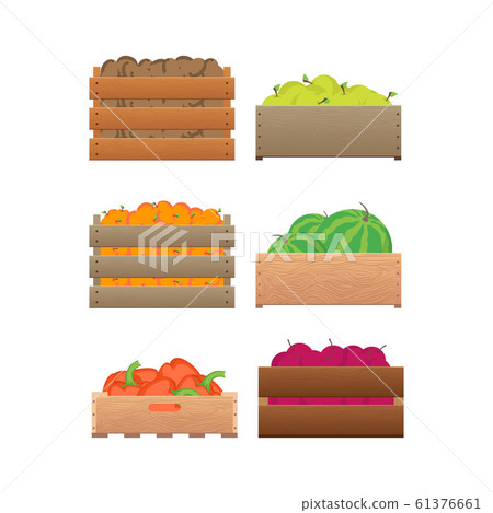 Cartoon Color Crates Fresh Fruits and Vegetables Sign Icon Set. Vector Cartoon Color Crates Fresh Fruits and Vegetables Sign Icon Set. Vector 61376661