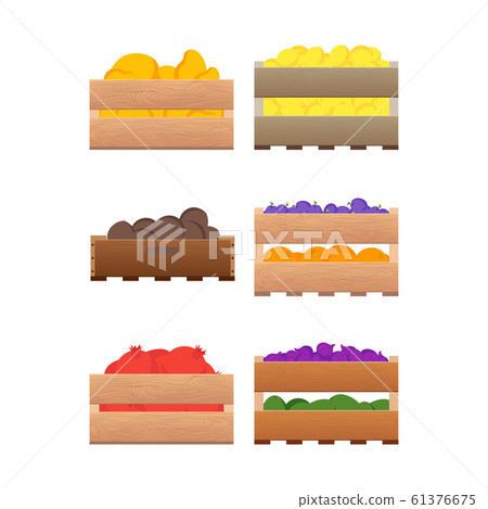 Cartoon Color Crates Fresh Fruits and Vegetables Sign Icon Set. Vector 61376675