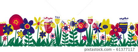 Flower meadow seamless vector border. Hand drawn doodle florals and leaves repeating pattern blue Flower meadow seamless vector border. Hand drawn doodle florals and leaves repeating pattern blue 61377117