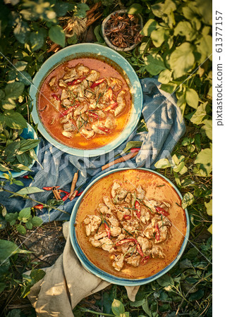 Dried red pork coconut curry, Thai cuisine. 61377157