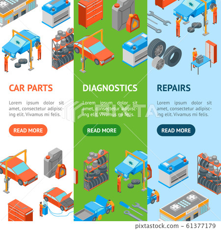 Auto Service 3d Banner Vecrtical Set Isometric View. Vector 61377179