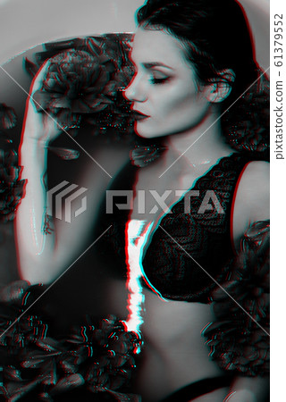 young girl with makeup in bra lies and enjoys in bath with peonies young girl with makeup in bra lies and enjoys in bath with peonies 61379552