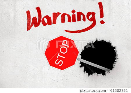 3d rendering of red 'STOP' traffic sign breaking white wall with 'Warning' sign on white background 61382851
