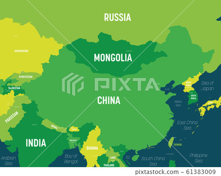 China map - green hue colored on dark background. High detailed political map of China and neighboring countries with country, capital, ocean and sea names labeling 61383009