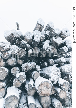 Big stack of snow covered pine logs. Vertical 61383918
