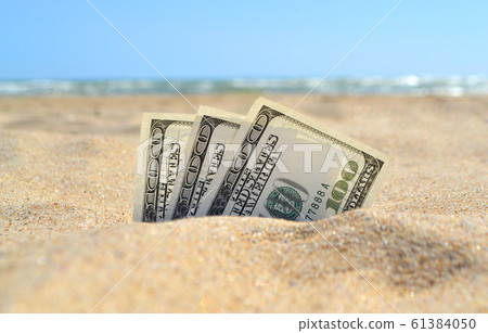 Money dolars half covered with sand lie on on sandy beach near sea ocean 61384050