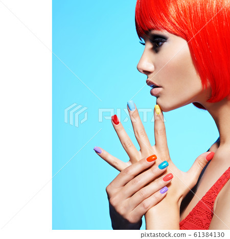 Profile portrait  of a fashion model with  red 61384130