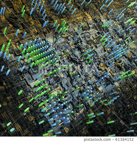 Circuit board futuristic server code processing. Multicolor technology background. 3d rendering Circuit board futuristic server code processing. Multicolor technology background. 3d rendering 61384152
