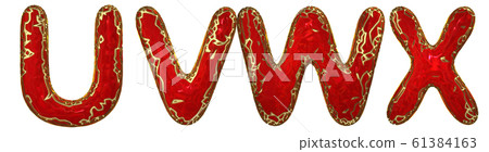 Realistic 3D letters set U, V, W, X made of gold shining metal letters. 61384163