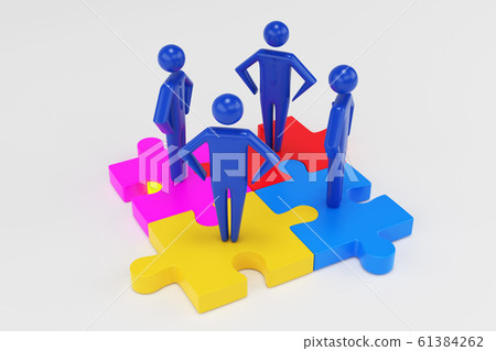 Four 3d man are standing on pieces of the puzzle. 3d rendering Four 3d man are standing on pieces of the puzzle. 3d rendering 61384262