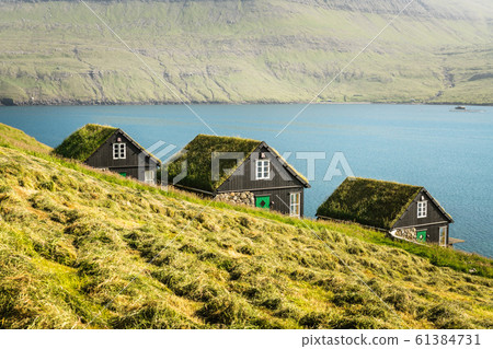 Picturesque view of tradicional faroese grass-covered houses 61384731