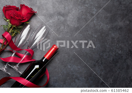 Valentines day card with wine and flowers 61385462