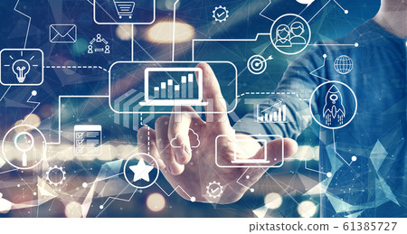Digital marketing with a man on city background 61385727