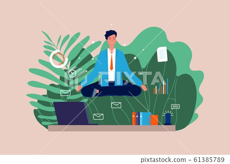 Work meditation. Stressful businessman, yoga character. Manager sitting on office table in lotus pose vector illustration 61385789