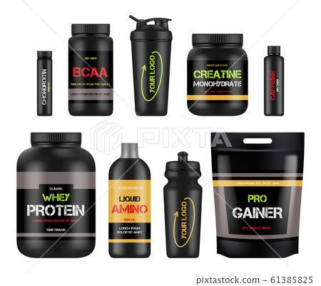 Sport nutrition labels. Protein and amino bcaa fitness vitamin design packages for healthy powerful products vector Sport nutrition labels. Protein and amino bcaa fitness vitamin design packages for healthy powerful products vector 61385825