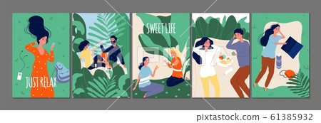 Relax time cards. Happy people relaxing on nature. Flat vector couples in love singles with food drinks gadgets illustration 61385932