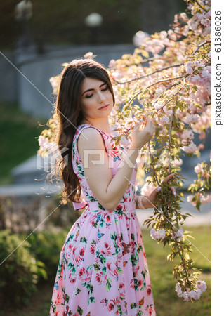 Elegant woman in beautiful dress stand by the pink tree in the park Elegant woman in beautiful dress stand by the pink tree in the park 61386026