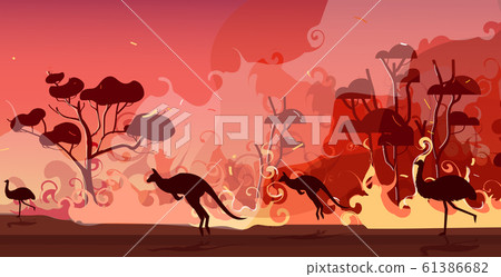 australian animals silhouettes running from forest fires in australia wildfire bushfire burning trees natural disaster concept intense orange flames horizontal