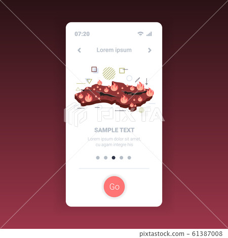 map of Australia with platypus escaping from bushfire endangered animals dying in wildfire natural disaster concept intense orange flames smartphone screen mobile app 61387008