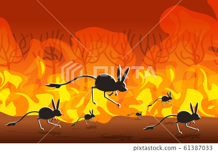 jerboas silhouettes running from forest fires in australia animals dying in wildfire bushfire burning trees natural disaster concept intense orange flames horizontal