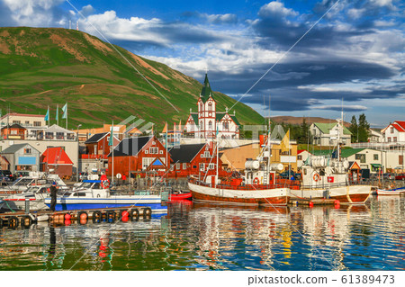 Town of Husavik at sunset, north coast of Iceland 61389473