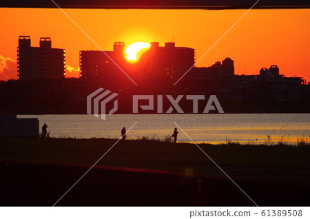 Tama River sunrise and angler Tama River sunrise and angler 61389508
