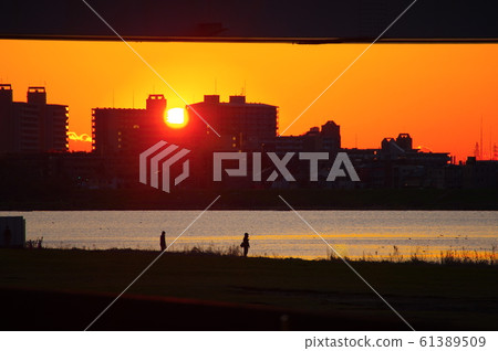 Tama River sunrise and angler Tama River sunrise and angler 61389509