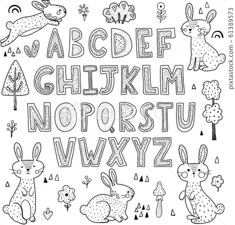 Black and white alphabet with cute rabbits - Stock Illustration ...
