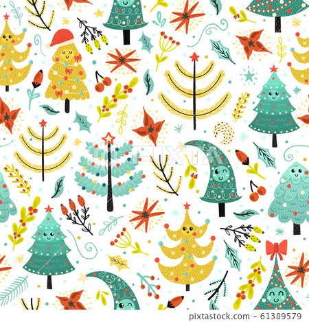 Bright Christmas seamless patterns with cute trees. Background for kids Bright Christmas seamless patterns with cute trees. Background for kids 61389579