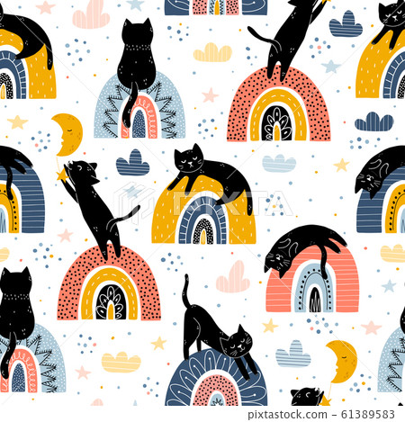 Black cats and rainbows fantasy seamless pattern Black cats and rainbows fantasy seamless pattern 61389583